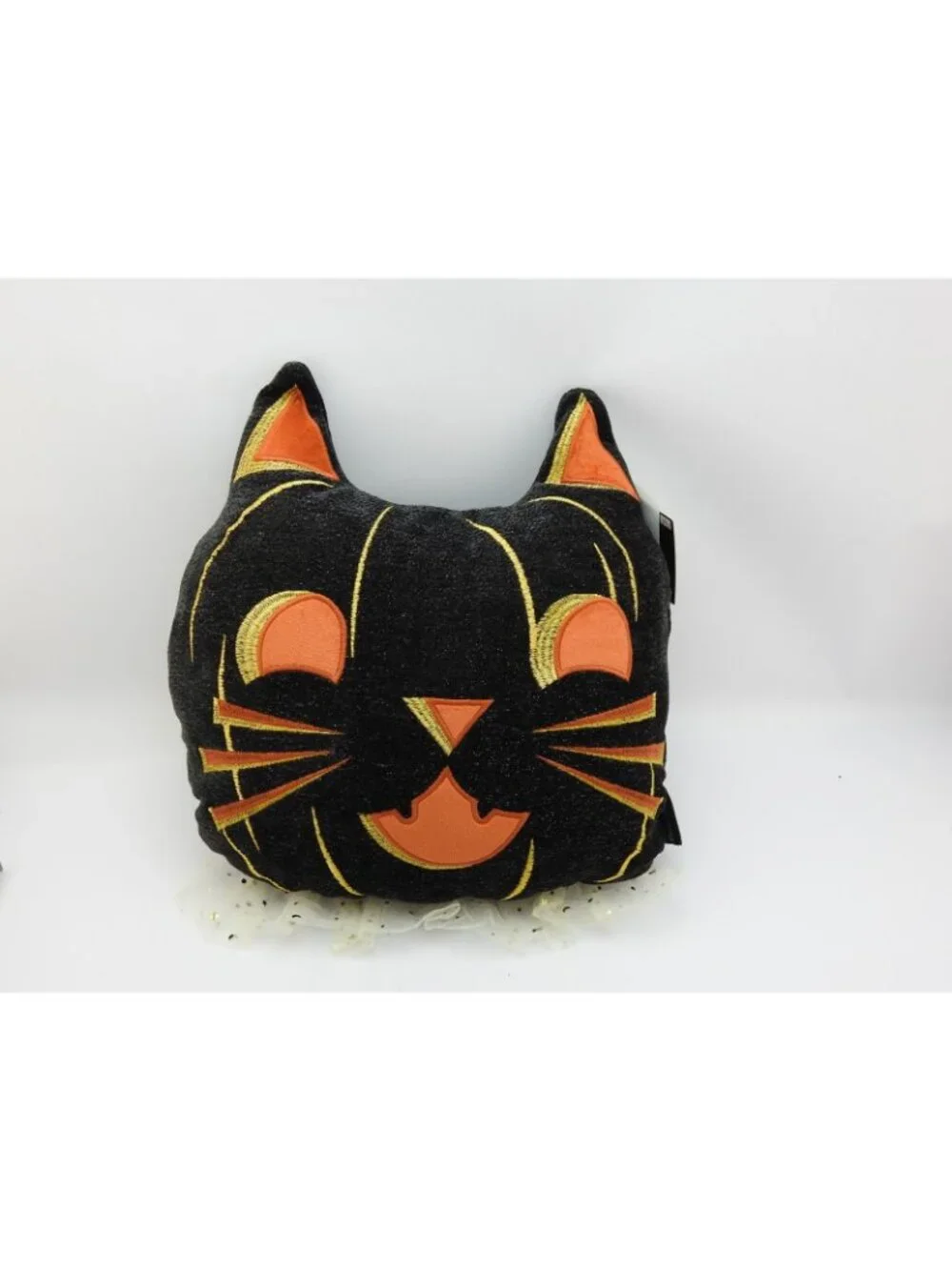 Halloween Black Cat Pumpkin Decorative Pillow Orange Gold Tulle 16